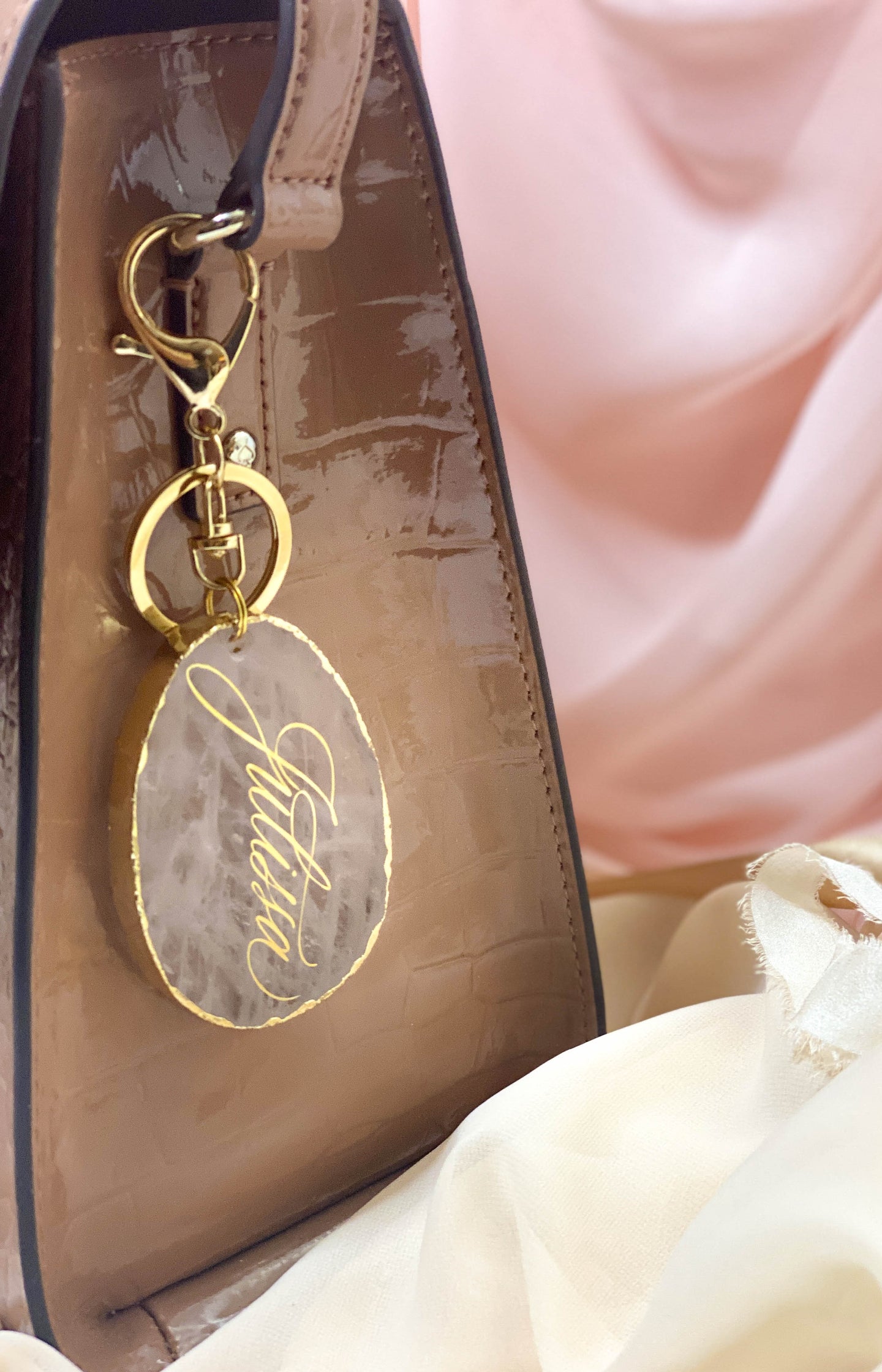 Personalized Calligraphy Rose Quartz Pendant Bag Charm